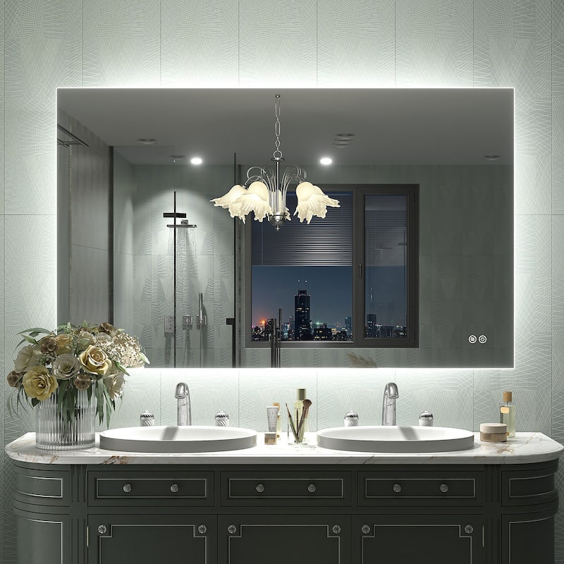 Frameless Anti-Fog 3 Colors Dimmable LED Backlit Wall Bathroom Vanity Mirror - 51" x 32"-Rectangular