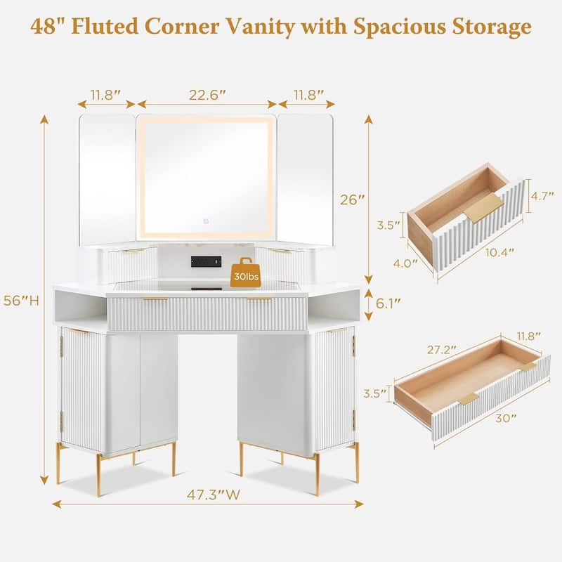 Modern Fluted Makeup Vanity Desk with 3 Way Mirror&Light, Vanity Table