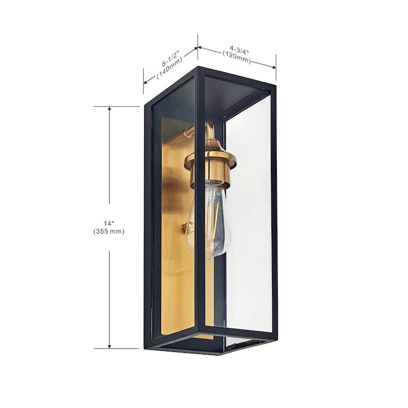1 Light outdoor wall sconce with clear glass, Black exterior , gold interior Finish - 14"H x 4.75"W x 5.5"D