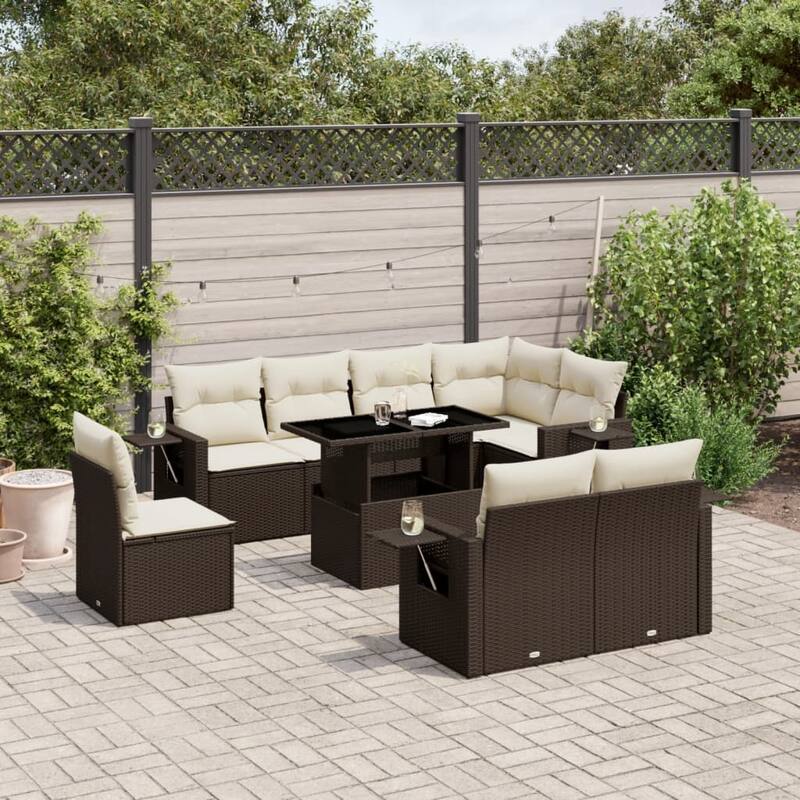 vidaXL Patio Sofa Set with Cushions Outdoor Furniture 9 Piece Poly Rattan - 21.7 x 39.4 x 28.7 - Brown and Cream-without storage