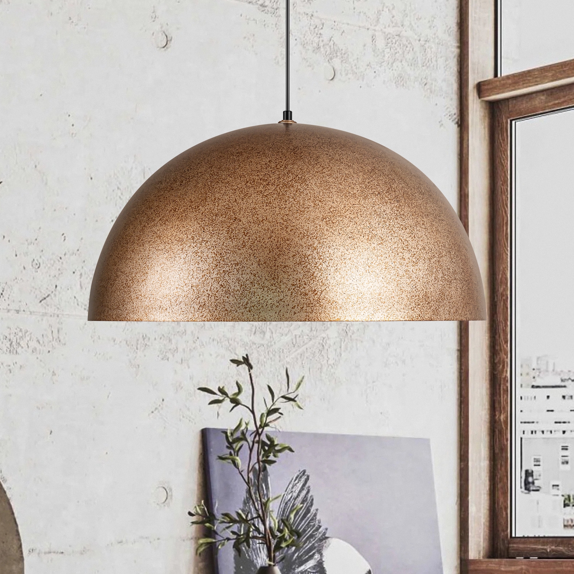 Rennnsan 1-Light Modern Industrial Distressed Gold Leaf Bowl Dome Oversized Pendant Light for Kitchen Island