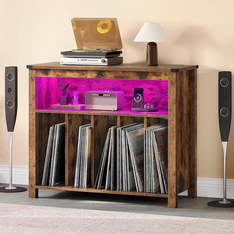 Moasis Record Player Stand, Vinyl Record Storage with Power Outlets and LED Lights, Holds Up to 130 Albums - Brown