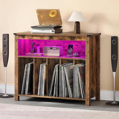 Moasis Record Player Stand, Vinyl Record Storage with Power Outlets and LED Lights, Holds Up to 130 Albums