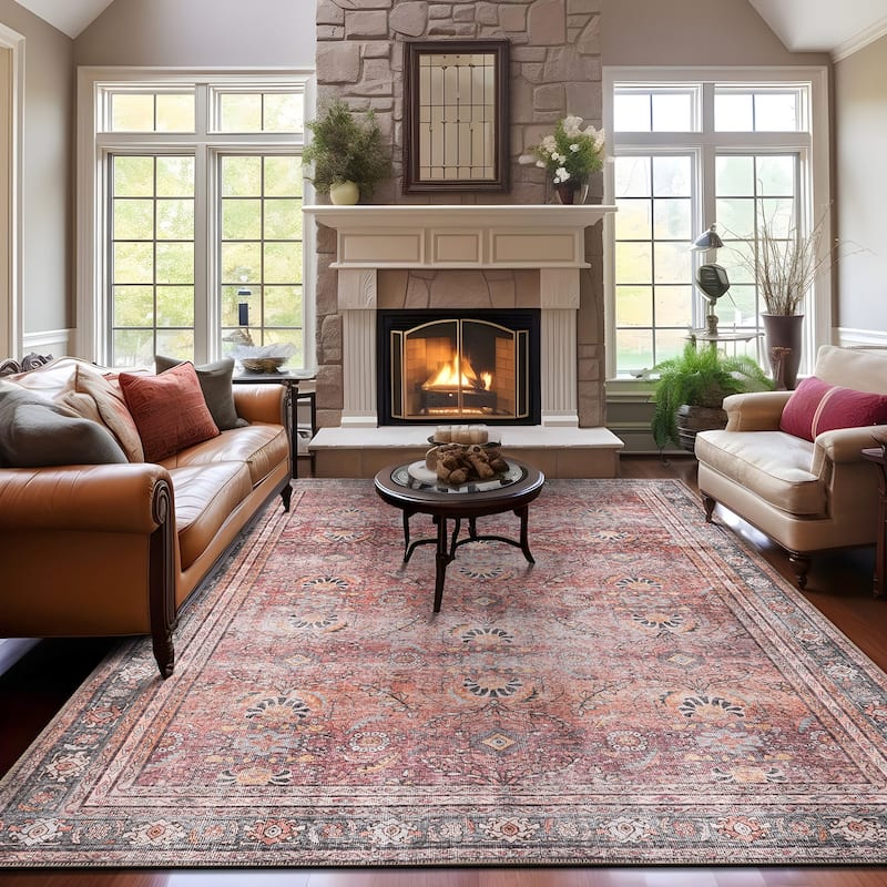 World Rug Gallery Vintage Inspired Machine Washable Non Slip Area Rug - 10' x 14' - Red - Rectangle