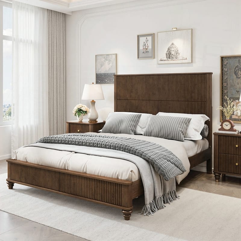Solid Wood Bed Frame with Tall Headboard