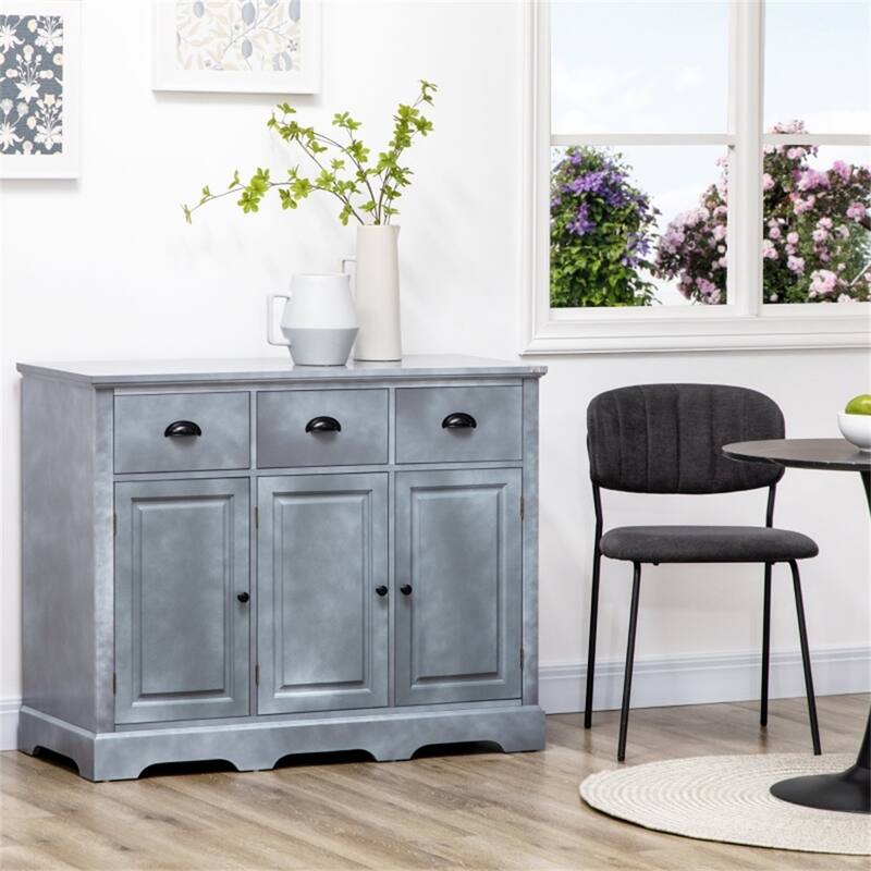 Grey MDF Sideboard Cabinet with Drawers and Adjustable Shelves for Kitchen Dining or Living Room