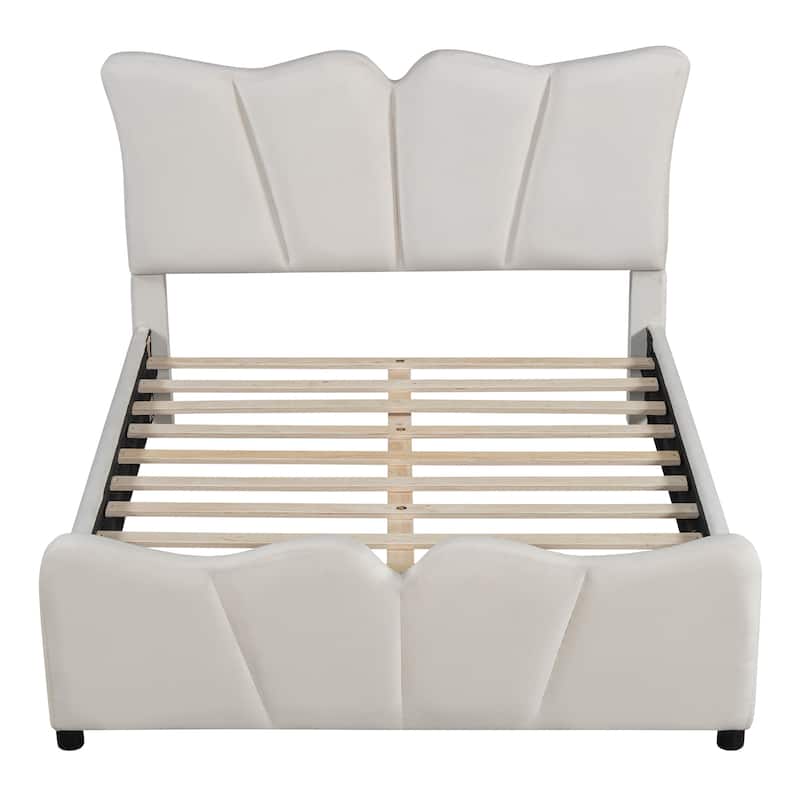 Beige Full Size Velvet Upholstered Platform Bed with Unique Headboard and Footboard