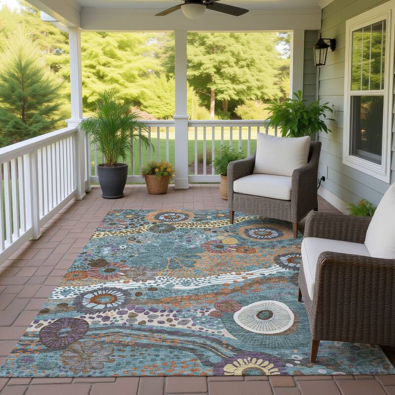 Machine Washable Indoor/ Outdoor Whimsy Floral Chantille Rug - Teal - 10' x 14'