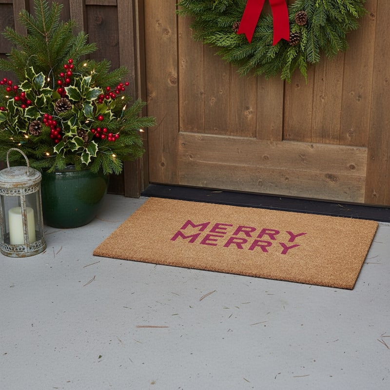 HomeRoots 17" X 29" Brown And Pink Christmas Outdoor Coir Door Mat - 17.00' X '29.00 - 17.00' X '29.00