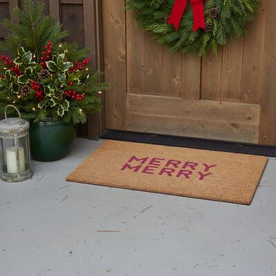 HomeRoots 17" X 29" Brown And Pink Christmas Outdoor Coir Door Mat - 17.00' X '29.00