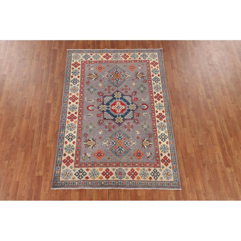 Gray Traditional / Geometric Kazak Rug Hand-Knotted Wool Carpet - 4'11" x 7'2"