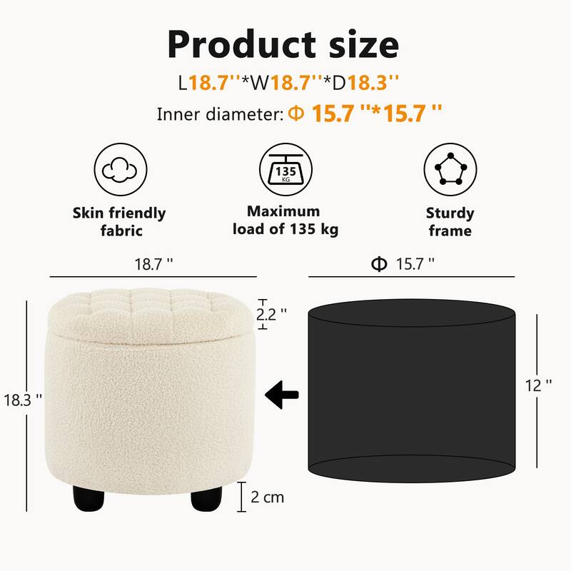 Modern Button Tufted Accent Storage Ottoman, Small Upholstered Circle Pouf Footstool with Removable Lid Storage Ottoman