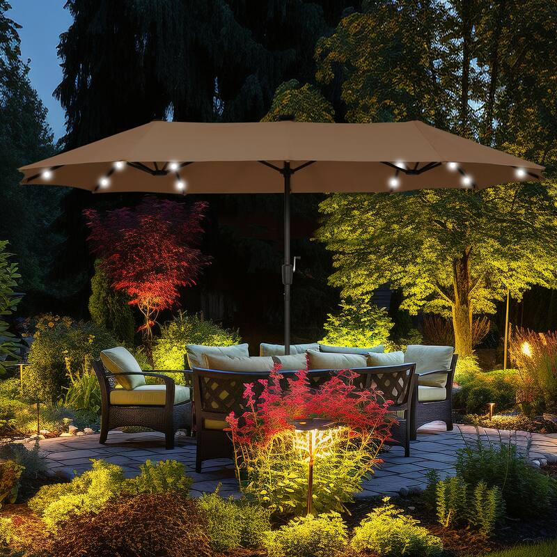 Autlaycil 13 ft Patio Umbrella with 36 Solar Lights & Crank System for Outdoor - Coffee