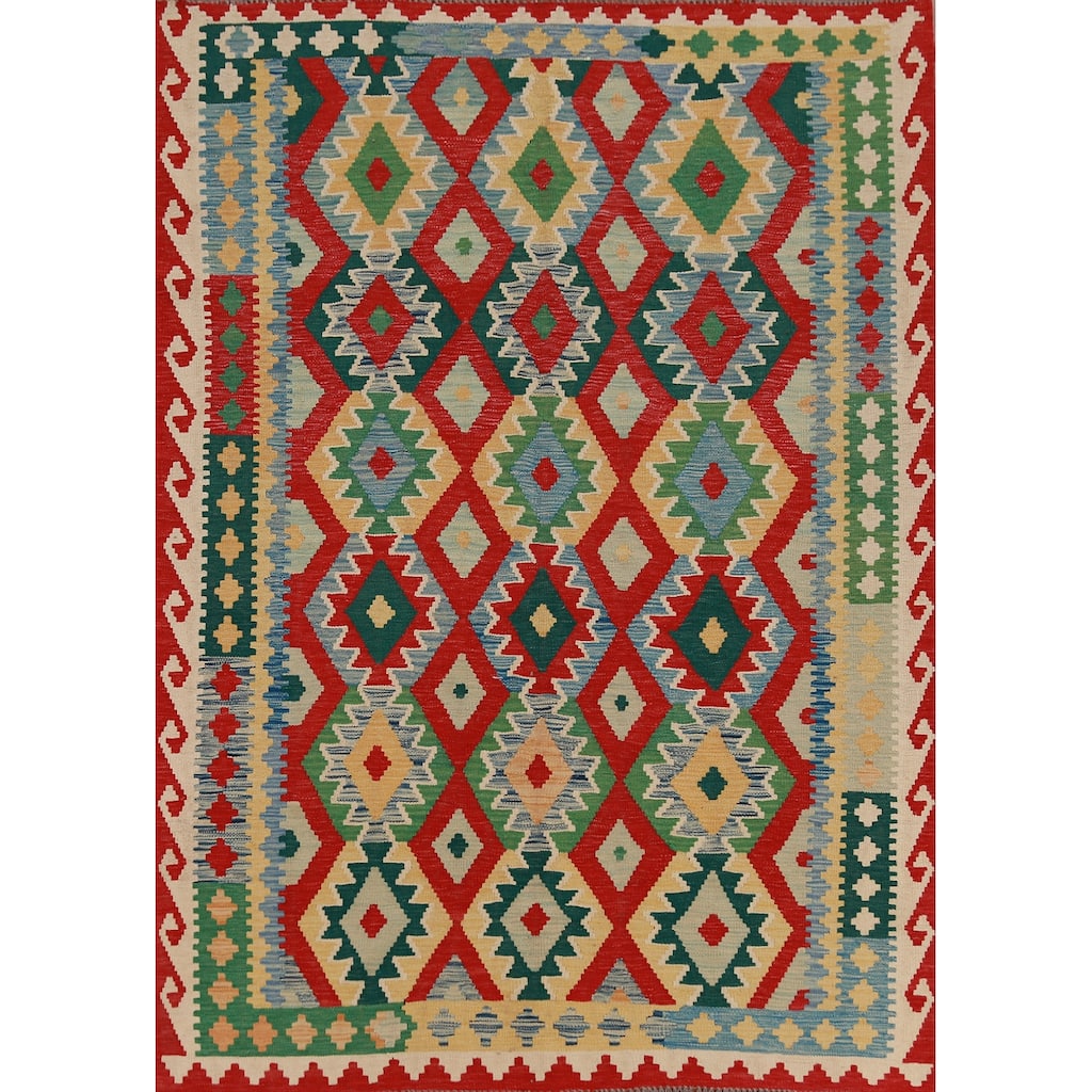 Hand Woven Oriental 100% Wool Carpet Southwestern Geometric Multi-Colored Kilim Area Rug - 8' 0'' X 5' 10''