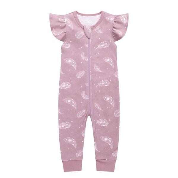 slide 2 of 4, 100% Organic Cotton Zip Footless Short Sleeve Pajamas - Ruffle Feather Mauve 0-3 Months