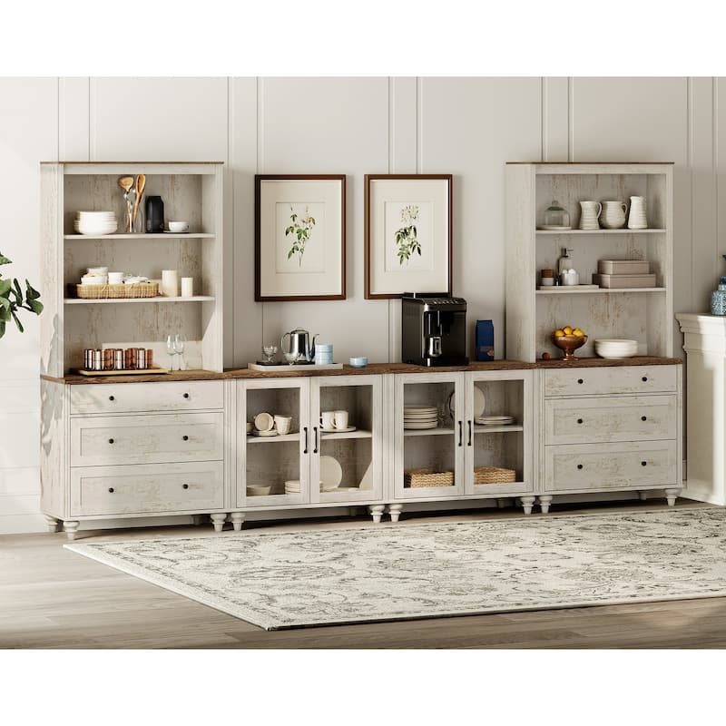 Rustic White Farmhouse TV Stand with Wooden Doors & Drawers