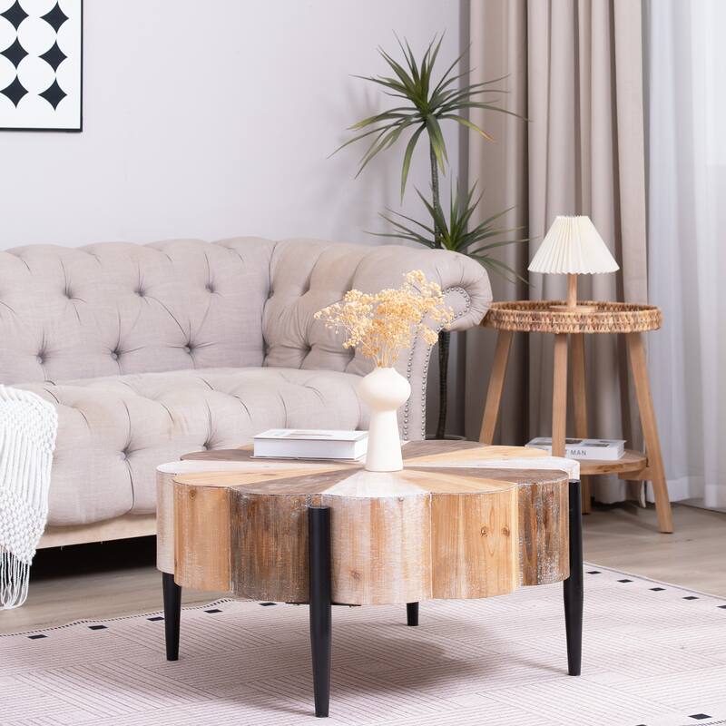 Roomfitters Rustic Flower Shaped Coffee Table with Metal Legs, Distressed Wood, Multicolor