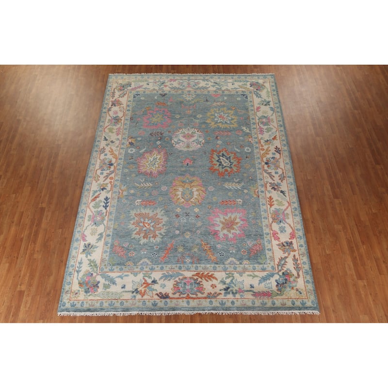 Blue Floral Oushak Oriental Area Rug Handmade Wool Carpet - 8'8"x 12'0"