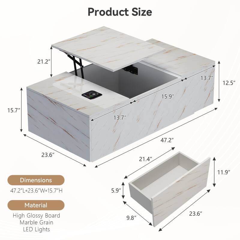 47.2" LED Lift Top Coffee Table with Wireless Charging & Bluetooth Speaker, Smart Storage Drawer, RGB Lights