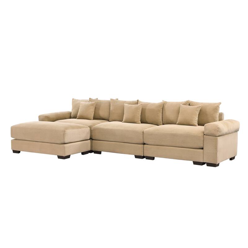 GDFStudio - Corduroy L-Shaped 3-Seater 130" Cloud Modular Sectional Couch with Ottoman
