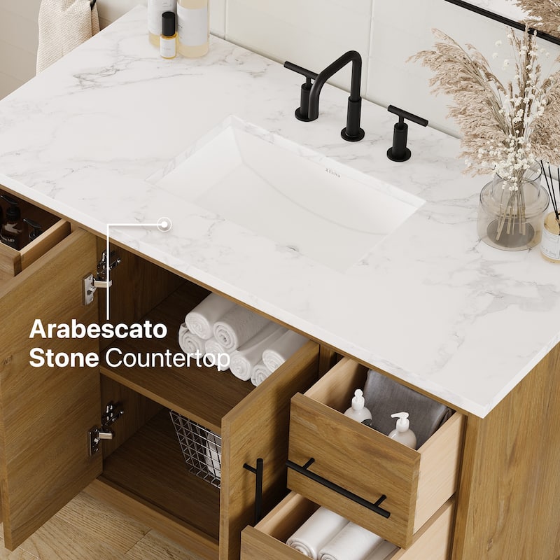 Graham 48"W Oak Bath Vanity with WH Arabescato Engineered Stone Top