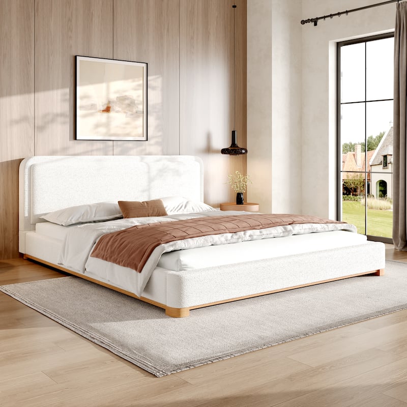 Modern King Size Bed Frame with Curved Headboard, Boucle Upholstery, and Solid Wood Base - White