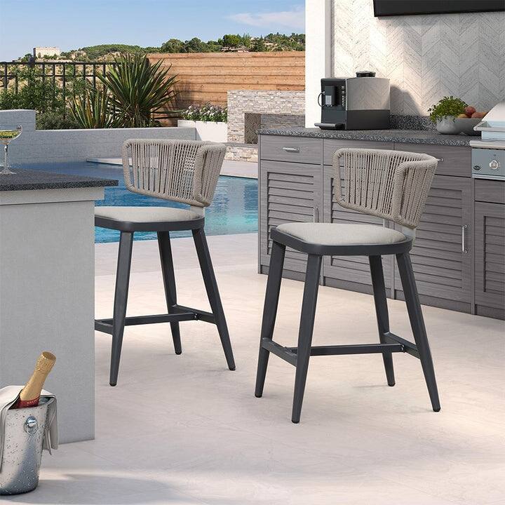 PURPLE LEAF Outdoor Bar Stools Chair Set of 2, All Weather Rattan and Aluminum Patio Bar Stool with Cushion - Grey-counter stool