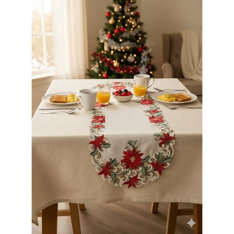 Christmas Poinsettia Embroidered Cutwork Rectangular Table Runner, 15 by 70 inch