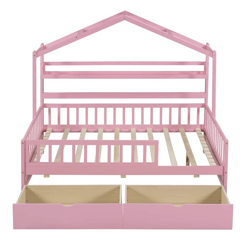 Children's Wooden House Bed with Drawers and Shelf, Twin/Full Size