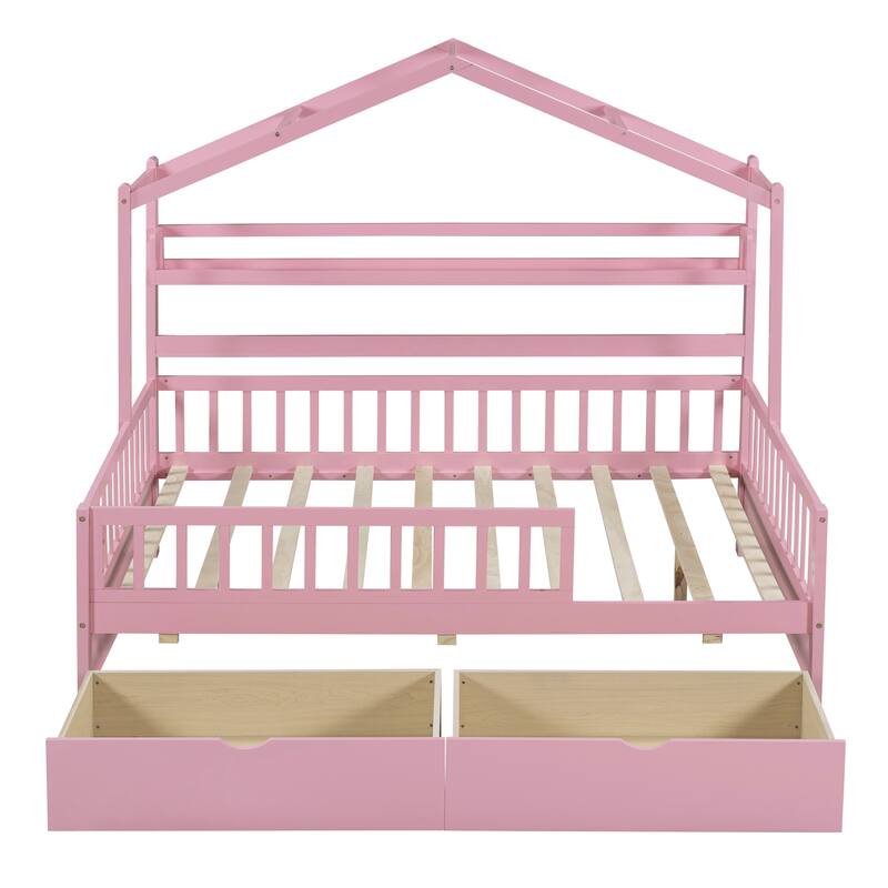House Bed with 2 Drawers, Montessori Bed, Wooden Kids Bed Frame with Storage Shelves, Wood Playhouse Bed Frame w/Roof Design