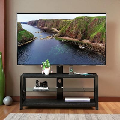 Universal Swivel TV Stand with Mount, Adjustable Height, Black Tempered Glass & MDF Shelves, Fits 32-65" TVs