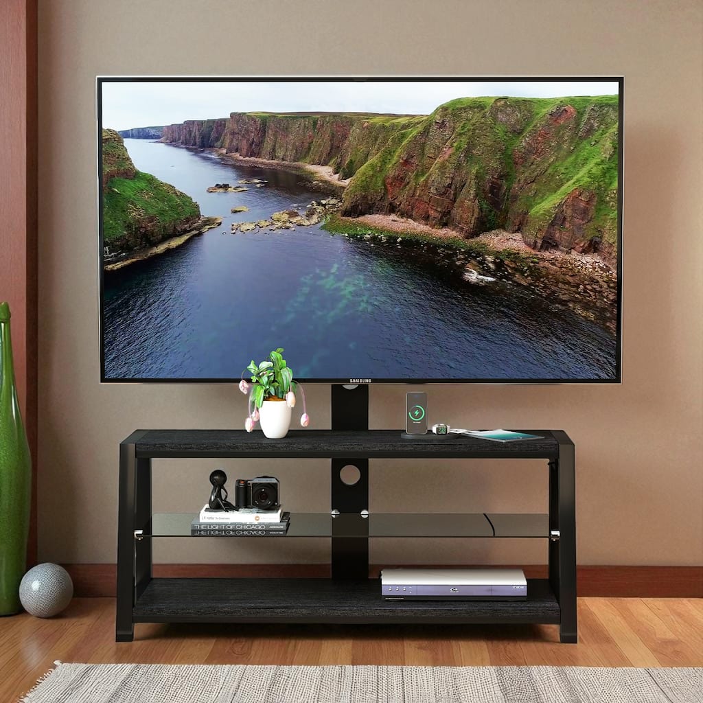 Universal Swivel TV Stand with Mount, Adjustable Height, Black Tempered Glass & MDF Shelves, Fits 32-65" TVs