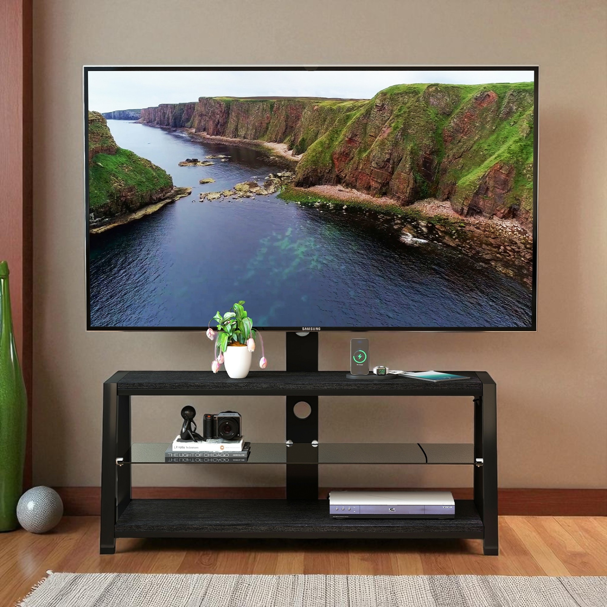 Universal Swivel TV Stand with Mount, Adjustable Height, Black Tempered Glass & MDF Shelves, Fits 32-65" TVs
