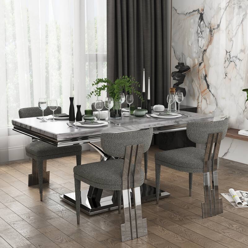 Glam Silver Dining Table Set with 64 inch Dining Table and Black Button Tufted Velvet Dining Chairs