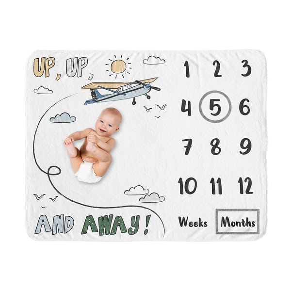 slide 2 of 6, Sweet Jojo Designs Vintage Airplane Boy Baby Monthly Milestone Blanket Green Blue Yellow Airplanes Plane Transportation Clouds