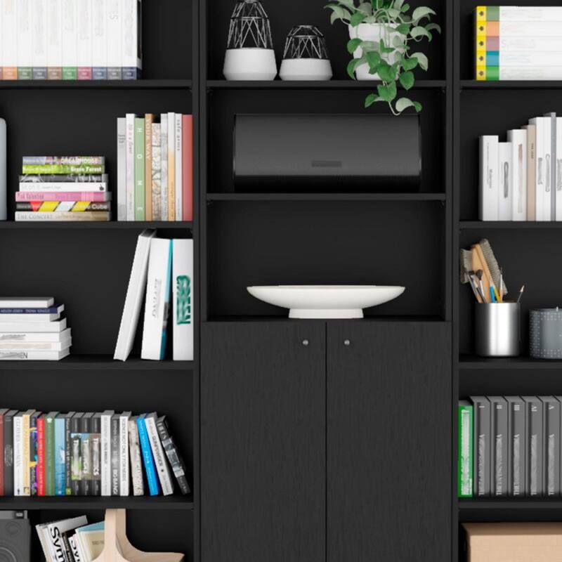 71inch Black Five Tier Bookcase with Two doors