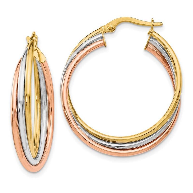 Curata 14k Tri Color Hinged Hoop White Gold Polished and Textured Twisted Hoop Earrings - 28x26mm