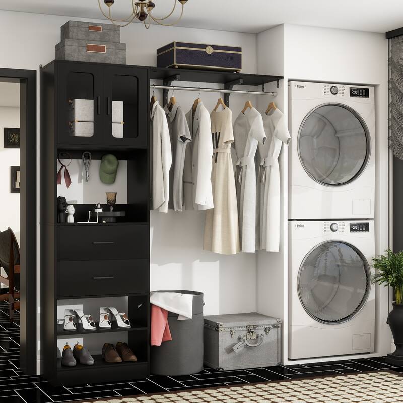 Rackcog Closet System with Doors and Drawers, Storage Organizer with DIY Shelving for Walk-in Closet - Set of 1 - Black