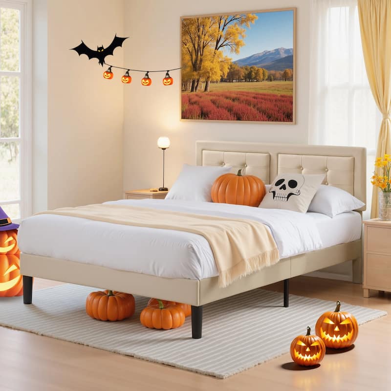 VECELO Bed Frame with Adjustable Headboard Upholstered Button Tufted Platform Bedframe with Wood Slats Support