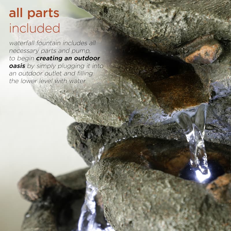 Alpine Corporation 14" Tall Indoor/Outdoor Tiering Rainforest Rock Waterfall Tabletop Fountain with LED Lights