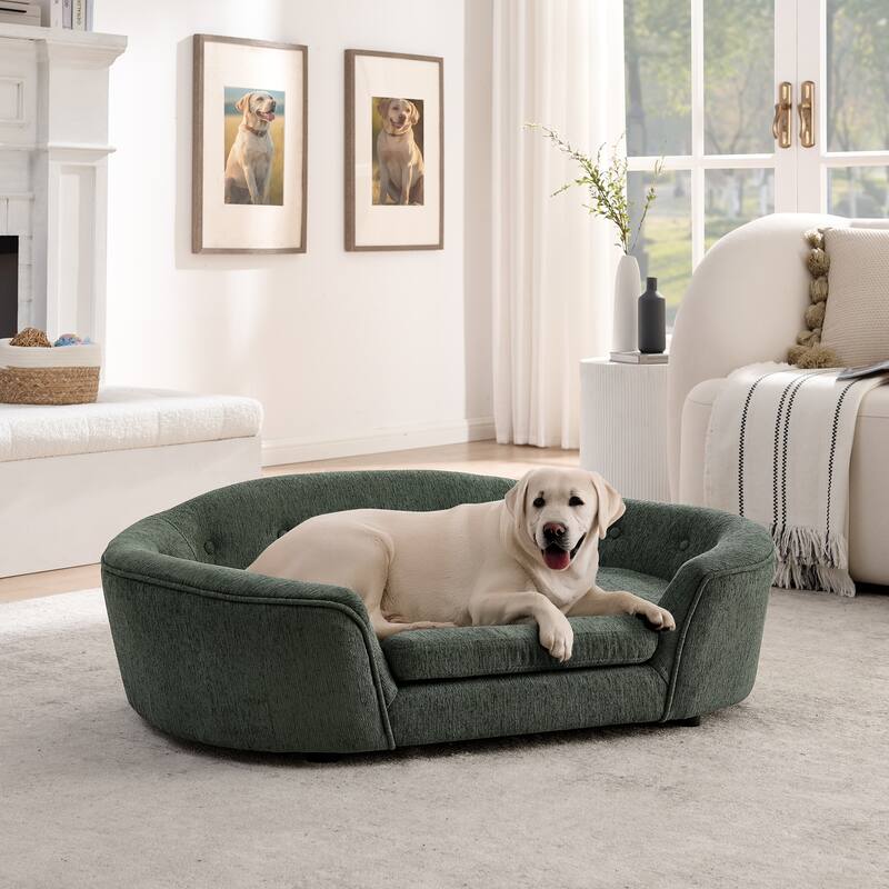 Oval Semi-Enclosed Dog Sofa, Durable Linen Material, Button-Tufted Backrest, High-Center Low-Sides Support Plush Comfort-Beige - Green