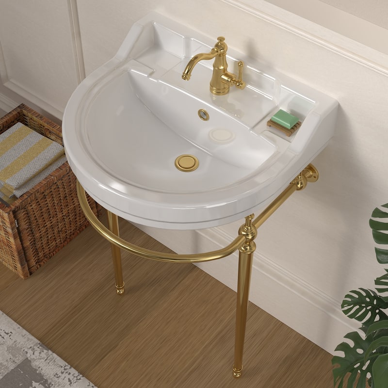 Whitehaus Console Sink With Semi-Circular Bowl, Metal Leg Supports and Front Towel Bar.
