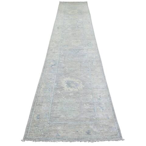 Shahbanu Rugs Light Gray, Hand Knotted Extra Soft Wool, Afghan Oushak Natural Dyes, Runner Oriental Rug (2'9" x 15'3")