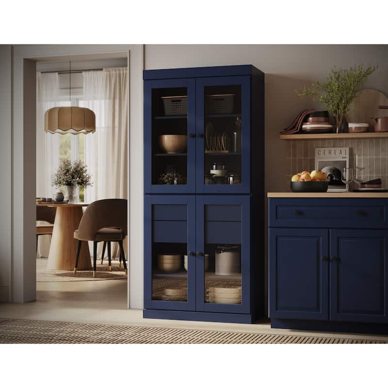 Solid Wood Tall Freestanding Kitchen Pantry Cabinet with Doors & 2 Drawers, Adjustable Shelves, Modular Storage, 32" W x 71.5" H - Navy