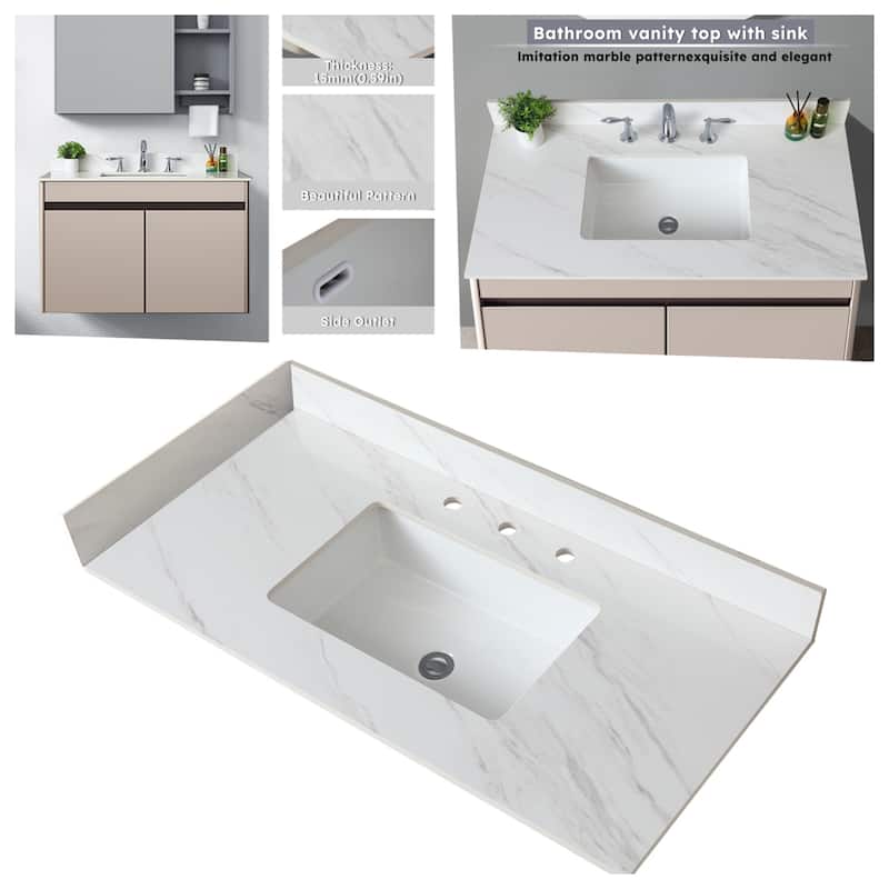 43" Marble Vanity Top with 3 Pre-drilled Faucet Holes, Undermount Sink