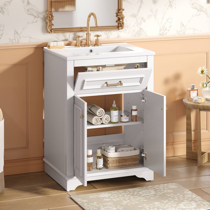 24" Bathroom Vanity with Integrated Ceramic Sink, Bathroom Cabinet with 2 Doors, 1 Tip-Out Drawer