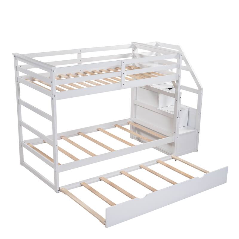 Staircase Bunk Bed with Twin Size Trundle, Solid Wood Bed Frame with 3 Storage Stairs and Safety Guardrail, Twin-Over-Twin Size