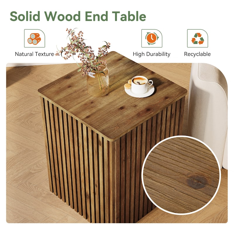 Solid Wood End Table, Fluted Side Table with Storage and Removable Lid - 18.9" D x 18.9" W x 24.21" H
