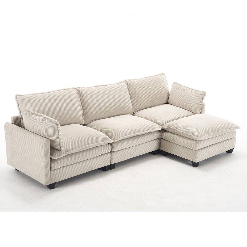 Modular Sofa , Velvet Large U-Shaped Couch Comfy Upholstered 3-Seat Sofa with 1 Ottoman, 2 Lumbar Pillow, Deep Seat Couch