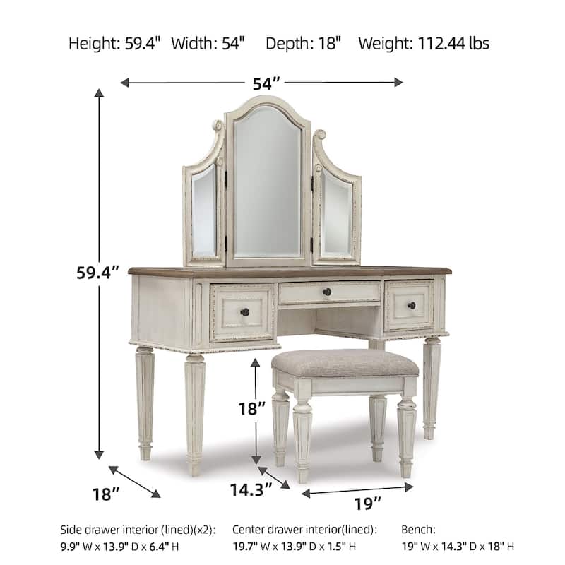 Signature Design by Ashley Nettle Bank Chipped White 3-piece Vanity Mirror Stool Set - 54" W x 18" D x 59.38" H